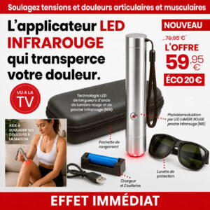 Le Photo Stimulateur Lumière Rouge avec technologie LED rouge et proche infrarouge, présenté avec pochette de rangement, lunettes de protection, chargeur et batteries.